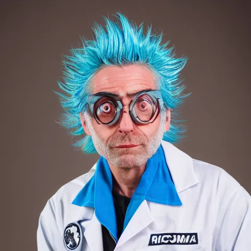 Image similar to portrait photo still of real life rick sanchez from rick and morty, blue hair, wild eyes, scientist outfit, 8 k, 8 5 mm f 1. 8