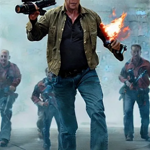 Prompt: Bruce Willis using a flamethrower to fight off a crowd of zombies, promo poster for new movie directed by George Romero