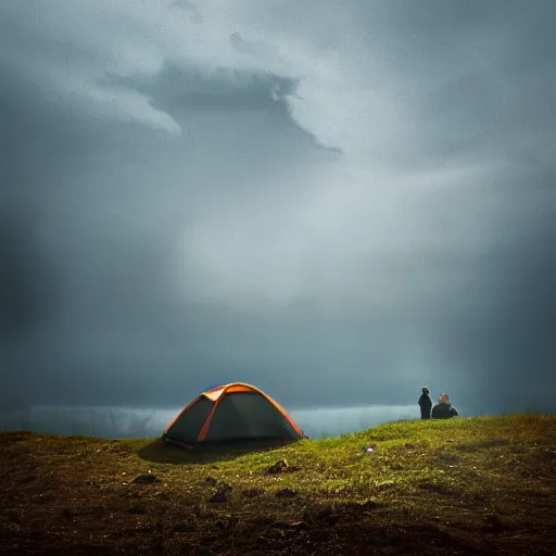 Prompt: photography of highly detailed landscape with two boys camping with nuclear plant in the background 1 9 8 0 s science fiction, moody, misty, depth perception, 4 k, artstation