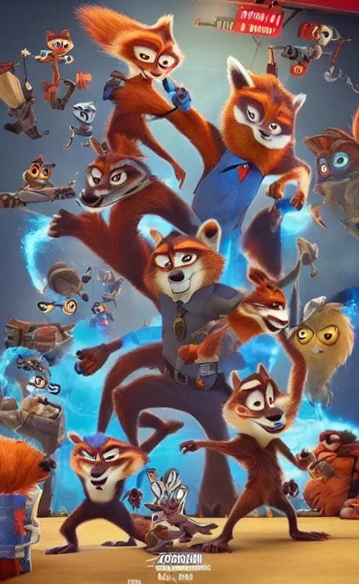 Prompt: “red racoons facing off with blue racoons in the style of zootopia, they’re all holding a laser gun”