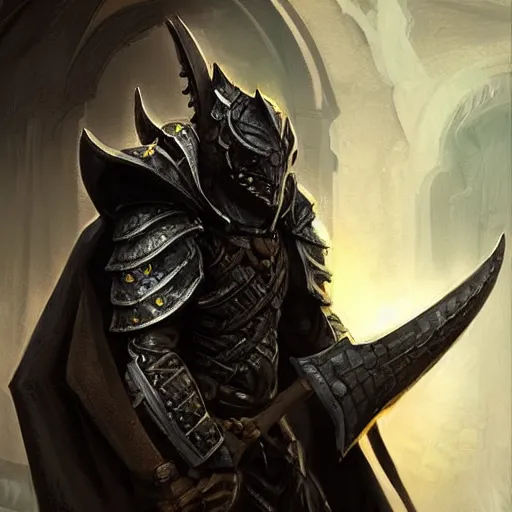 Image similar to digital art painting of a black dragonborn!!! wearing ( ( ( ( armored ) ) ) ) wizard robes!!!, dnd portrait painted by craig mullins and gaston bussiere and greg rutkowski