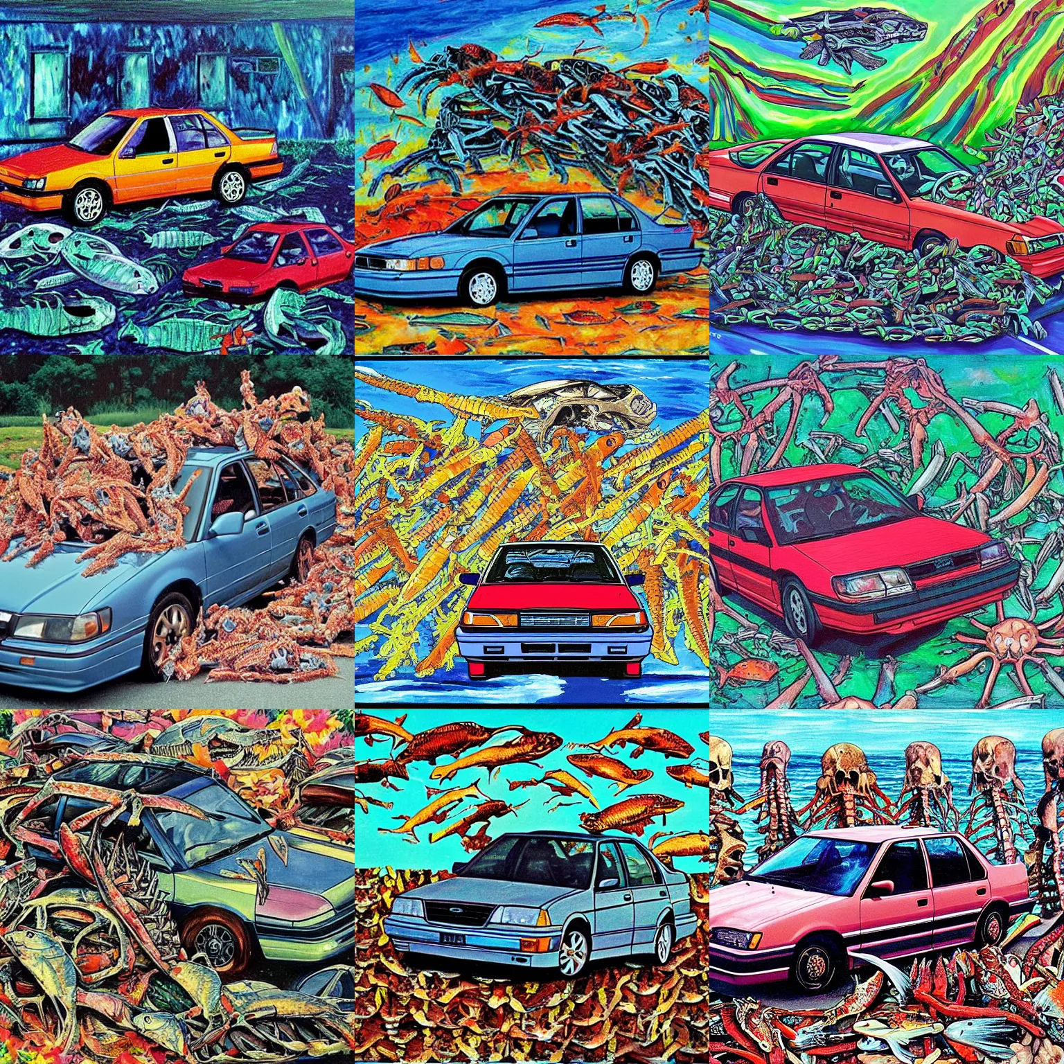 Prompt: 90s subaru legacy driving over pile of fish skeletons, colorful, expressionism, painting