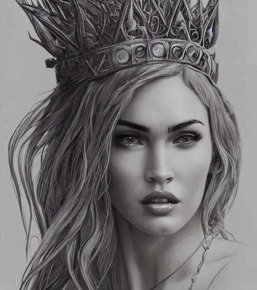 Prompt: portrait of megan fox as beautiful aphrodite goddess as an archer, arrow crown, beautiful piercing eyes, flowing blonde hair, realistic face, black and white drawing, in the style of greg rutkowski, fantasy, amazing detail, epic, intricate, elegant, smooth, sharp focus