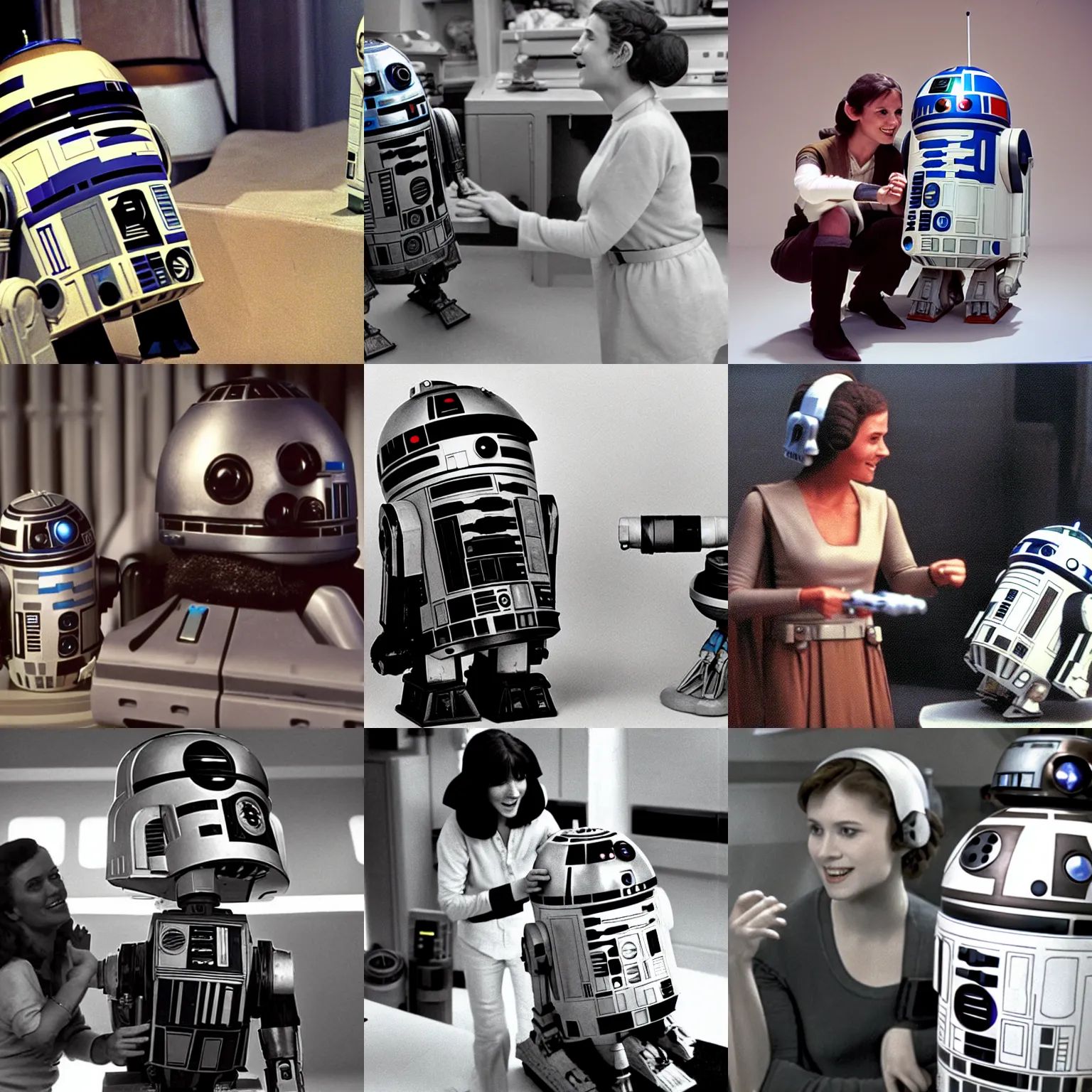 Prompt: star wars behind the scenes photos showing the gonk gnk power droid having a good time with leia