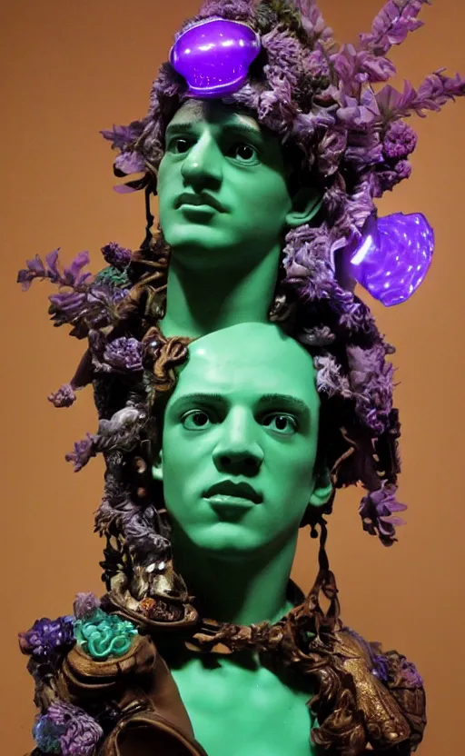 Image similar to a young handsome seductive latino ceramic sculpture of a prince with a head of a CRT monitor and a large glowing violet crystal in the center of his chest, full-body bronze cyberpunk style statue of Andromeda with glowing green laser eyes, crown of mechanical chrysanthemums, flowing aqua silk, fabric, steampunk flowers. baroque elements, human hands. full-length view. baroque element. intricate artwork by caravaggio. many flying horses on background. Trending on artstation, octane render, cinematic lighting from the right, hyper realism, octane render, 8k, depth of field, 3D