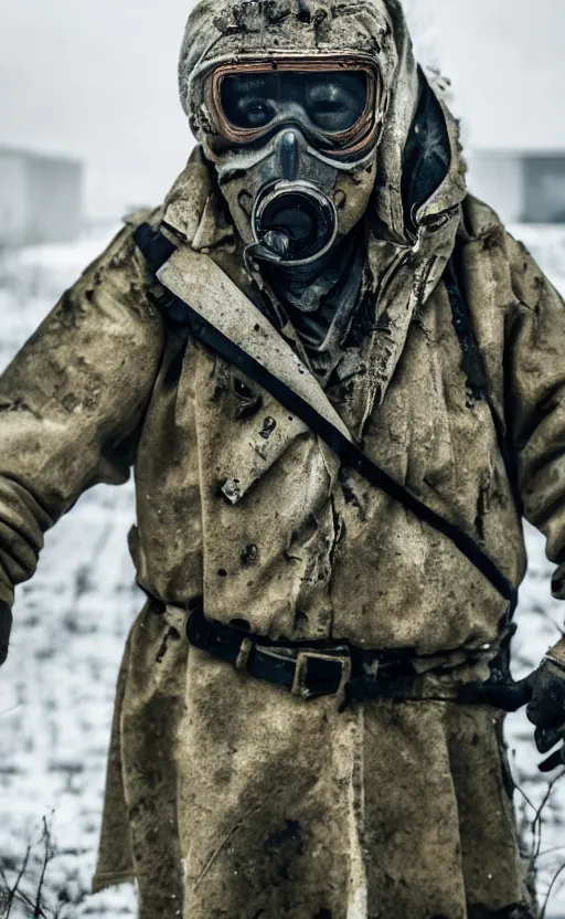 Image similar to an award winning portrait photo of chernobyl liquidator, postapocalyptic, 4 k, high quality, sharp focus