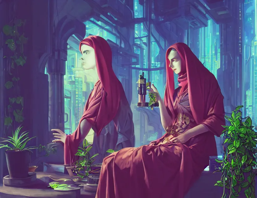 Prompt: middle eastern scifi alchemist in a well - lit study with potted plants, wearing a lovely dress with cyberpunk elements. this oil painting by the award - winning mangaka has an interesting color scheme and impeccable lighting.