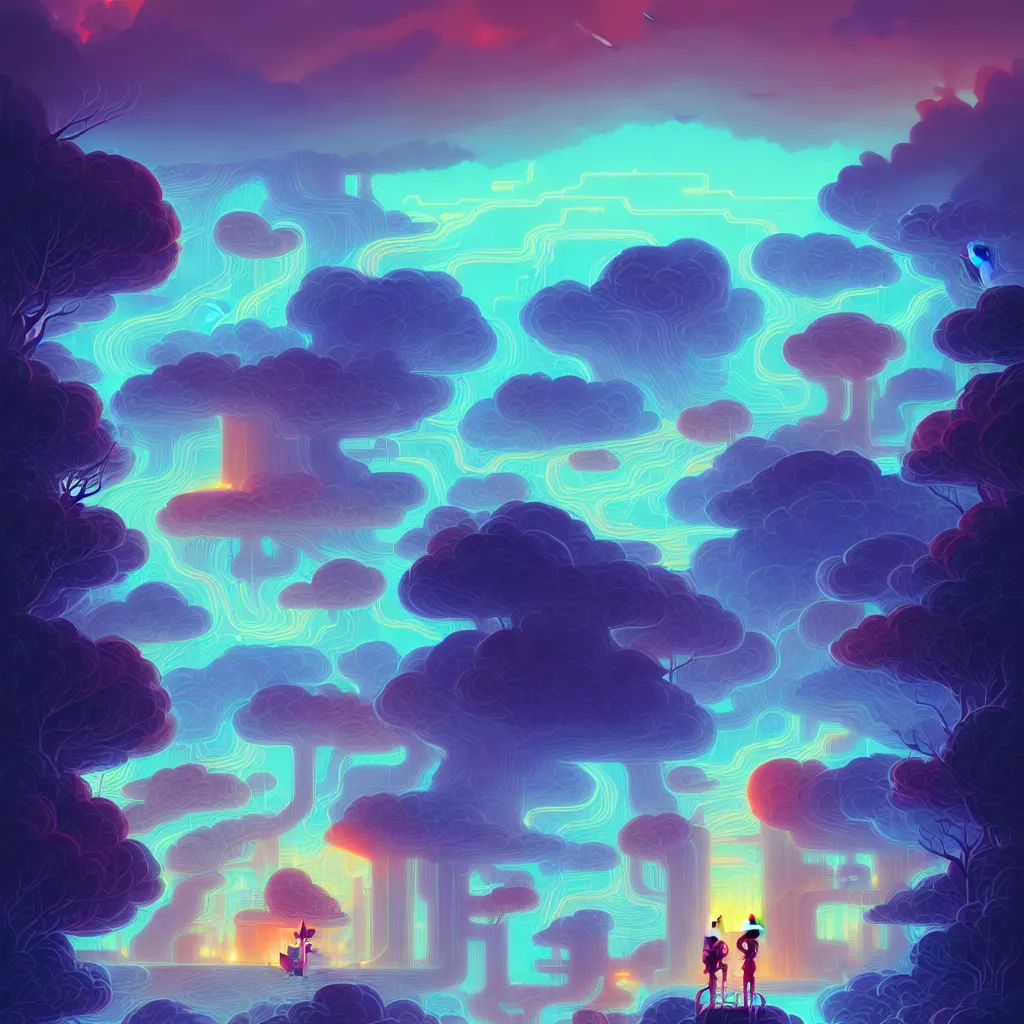 Prompt: illustration of a data-center, connector, firewall, cloud, security, river, trees, thunderstorm, trending on Artstation, painting by Jules Julien, Leslie David and Lisa Frank and Peter Mohrbacher and Alena Aenami and Dave LaChapelle muted colors with minimalism