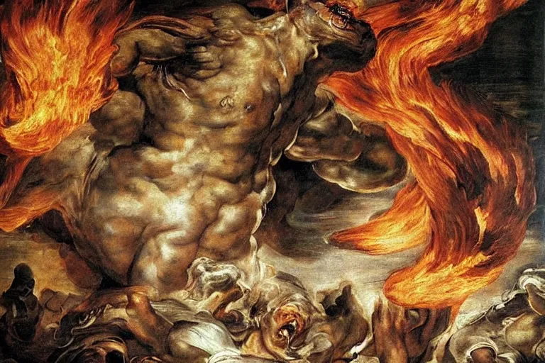 Image similar to majestic painting of a giant kebab monster terrorising a city in flames by Rubens, by Michelangelo, horror movie poster grain, ultra realistic, most definition, much appreciated