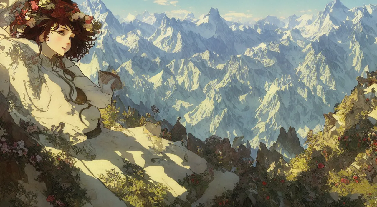 Image similar to A beautiful landscape painting of the swiss alps by Alfons Maria Mucha and Julie Dillon and Makoto Shinkai