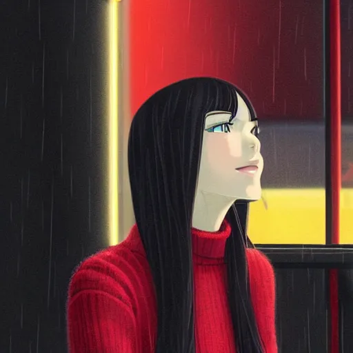 Image similar to a portrait of a beautiful girl with long black hair and bangs, wearing a red turtleneck sweater, she has red colored eyes and pale skin, sitting in a cafe alone, cozy cafe background, night time, rainy weather outside, low-key neon lighting, 4k, HQ, official media, anime key visual, makoto shinkai, ilya kuvshinov, lois van baarle, rossdraws, highly detailed, trending on artstation