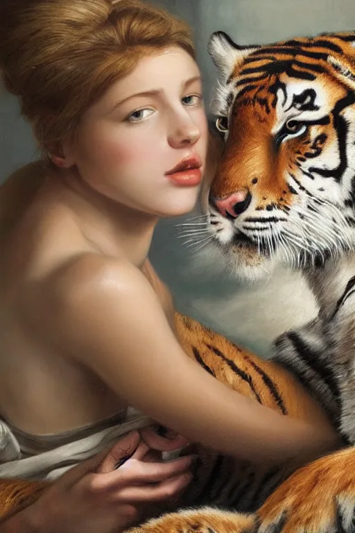 Prompt: hyperrealism extreme close-up portrait of beautiful young female sitting with tiger, pale skin, in style of classicism