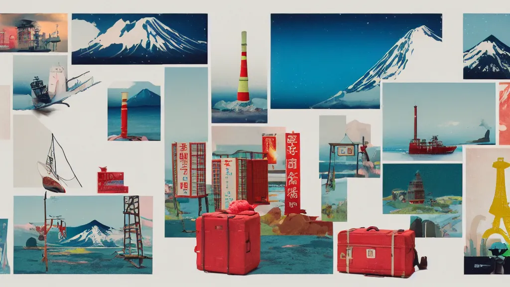 Image similar to an arrangement of explorer traveller props, kyushu japan, a collage painting, in the style of wes anderson, lola dupre, david hockney, isolated on negative white space background dark monochrome neon spraypaint accents volumetric octane render