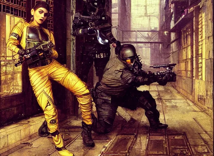 Image similar to sophia evades sgt Griggs. Cyberpunk hacker wearing jumpsuit escaping Cyberpunk police troopers (police state, Cyberpunk 2077, blade runner 2049). Iranian orientalist portrait by john william waterhouse and Edwin Longsden Long and Theodore Ralli and Nasreddine Dinet, oil on canvas. Cinematic, hyper realistic, Dramatic lighting.