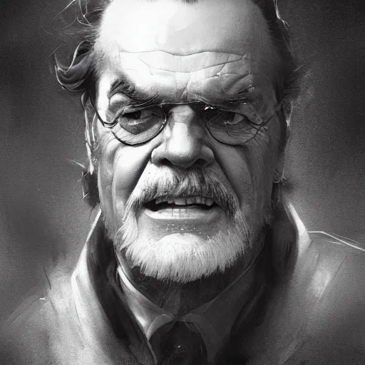 Prompt: portrait of Jack Nicholson with a long gray beard as Gandolf the Gray, dramatic lighting, illustration by Greg rutkowski, yoji shinkawa, 4k, digital art, concept art, trending on artstation