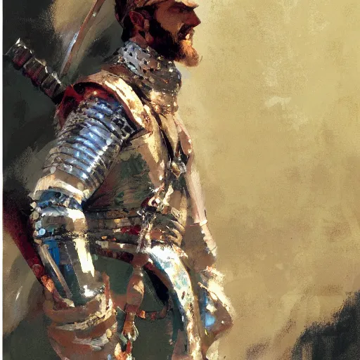 Image similar to portrait of rider wearing chainmail holding bow, detailed by greg manchess, craig mullins, bernie fuchs, walter everett, low angle