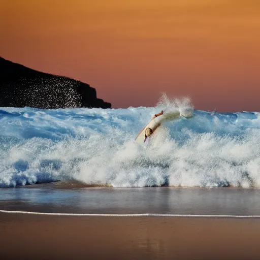 Prompt: a cream-colored dog hanging ten, surfing the cosmic, Leica, 4K