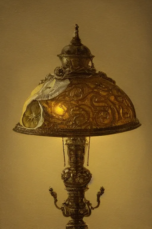 Image similar to a lamp in the style of a lemon oil on canvas, intricate, portrait, 8k highly professionally detailed, HDR, CGsociety