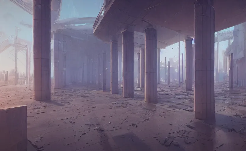 Image similar to Looking down a Colonnade, rendered by Beeple, Makoto Shinkai, syd meade, simon stålenhag, environment concept, synthwave style, digital art, unreal engine, WLOP, trending on artstation, 4K UHD image, octane render,