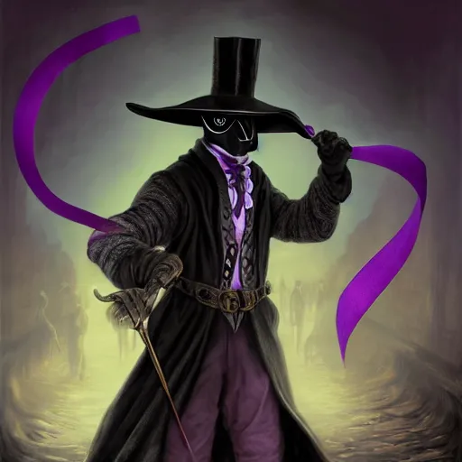 Image similar to mediaeval plague doctor wearing a top hat with a purple ribbon, intricate, epic, highly detailed, digital painting, artstation, concept art, smooth, sharp focus, illustration, unreal engine 5, 8 k, art by artgerm and greg rutkowski and alphonse mucha