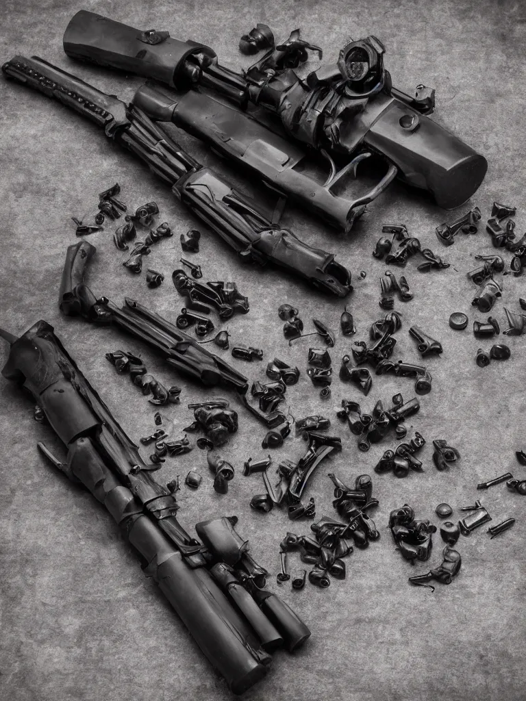 Image similar to carving in dark black steel of machine guns shotguns rifles revolvers bullets, dark vintage pinhole camera, ultrarealistic, intricate details, 4k