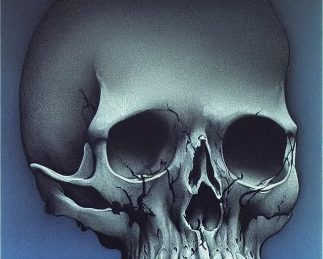 Image similar to Skull, blue, night, mystery, Zdzislaw Beksinski