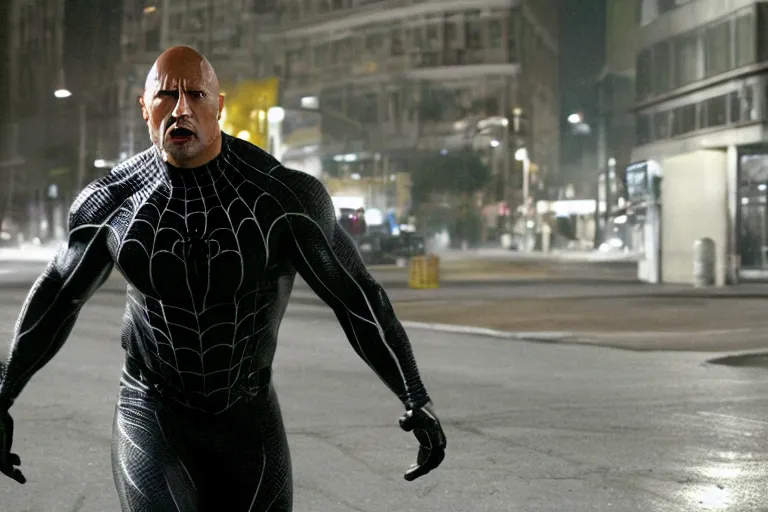 Image similar to film still of Dwayne Johnson as Eddie Brock in Spider-man 3 2007, 4k