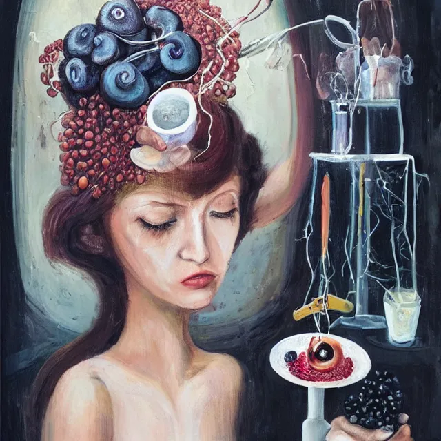 Prompt: “ sensual, a portrait in a female art student ’ s apartment, pancakes, woman holding a brain from inside a painting, berries, octopus, scientific glassware, art supplies, a candle dripping white wax, berry juice drips, neo - expressionism, surrealism, acrylic and spray paint and oilstick on canvas ”