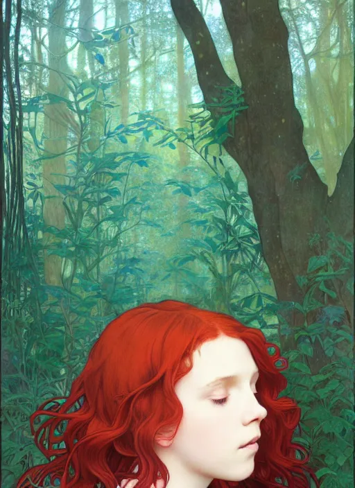 Image similar to pretty young woman resembling millie bobby brown with long red hair asleep in the forest, path traced, highly detailed, high quality, digital painting, by studio ghibli and alphonse mucha, leesha hannigan, hidari, art nouveau, chiho aoshima, jules bastien - lepage