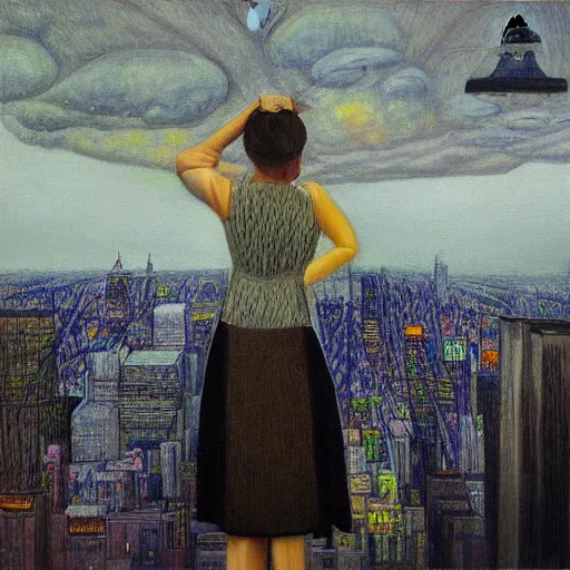 Prompt: “ a girl looking down at a futuristic new york city below, ghostpunk, fog, storm clouds, rain, detailed face, oil painting, by jan toorop ”