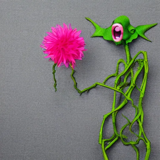 Image similar to studio photograph of a thin green vine creature with vine limbs and a pink blooming flower mouth with many sharp teeth