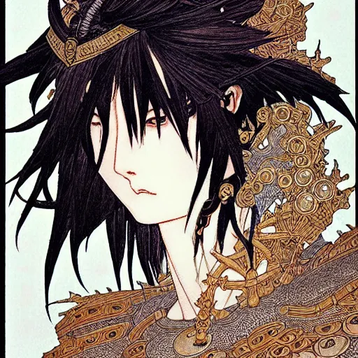 Prompt: prompt: human Fragile looking character soft light portrait face drawn by Takato Yamamoto, modernistic looking armor with wild hairstyle, inspired by Evangeleon anime, alchemical objects on the side, soft light, intricate detail, intricate ink and gouache painting detail, manga and anime 1990 high detail, manga 1990