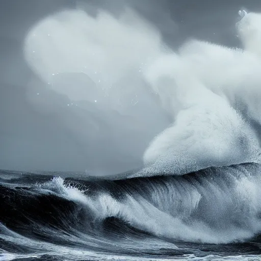 Image similar to a lion's face breaching through a wave, stormy weather