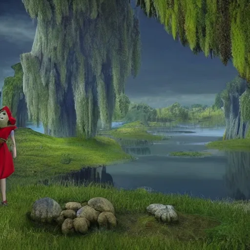 Image similar to BEAUTIFUL LANDSCAPE WITH LAKES MADE OUT OF BLOOD, REALISM, HELL, 8K, SHREK CONSUMES BONES, 100K, UNREALESED SHREK MOVIE, 8K