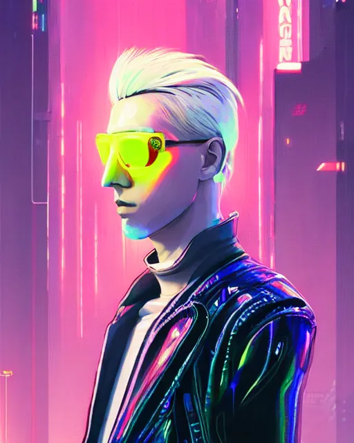 Image similar to detailed portrait of European Pale Blonde hair Stylish Guy Sheen Holographic Jacket coat, Futuristic sci-fi fashion, royal attire Akira, Evangelion, cyberpunk, neotokyo, synthwave, aesthetics, futuristic, low-emission-neon, bladerunner movie scene by ismail inceoglu dragan bibin hans thoma greg rutkowski Alexandros Pyromallis Nekro Rene Margitte illustrated Perfect face, fine details, realistic shaded, fine-face, pretty face sharp chine