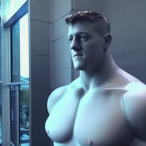 Prompt: “a realistic detailed photo of a guy who is an attractive humanoid who is half robot and half humanoid, who is a male android, football player JJ Watt, shiny skin, posing like a statue, blank stare”