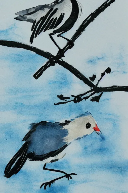 Prompt: ink painting, A small, delicate bird with pale blue plumage and long, skinny legs. It is hopping on the ground, searching for food. The background is a beautiful blue sky on a autumn day. meticulous painting, by xue ji, bian luan