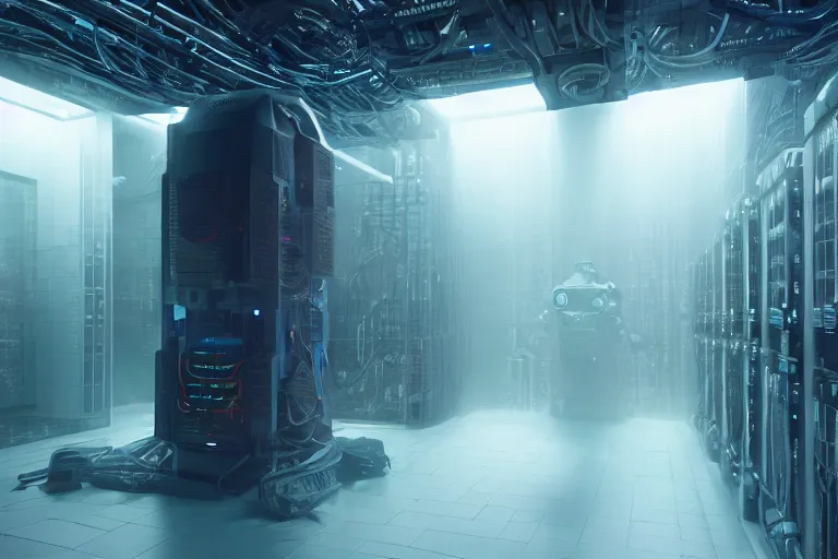 Image similar to extremely detailed cinematic movie still 3 0 7 7 foggy shot of a robot in an endless data centre by denis villeneuve, wayne barlowe, simon birch, philippe druillet, beeple, volumetric sunlight from small windows