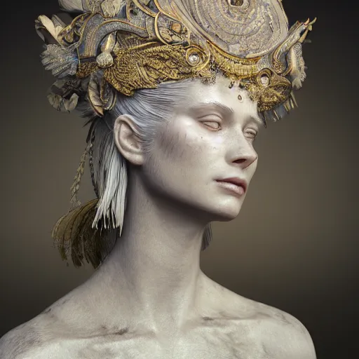 Image similar to a portrait of beautiful goddess, ornated, haunting, headpiece, highly detailed, intricate deaign, organic, hyperrealism, photorealistic, render in octane, unreal engine, 4 k