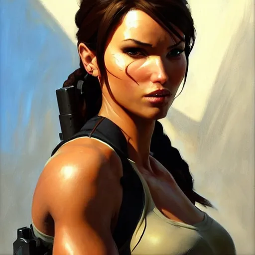 Image similar to Greg Manchess portrait painting of Lara Croft as Overwatch character, medium shot, asymmetrical, profile picture, Organic Painting, sunny day, Matte Painting, bold shapes, hard edges, street art, trending on artstation, by Huang Guangjian and Gil Elvgren and Sachin Teng