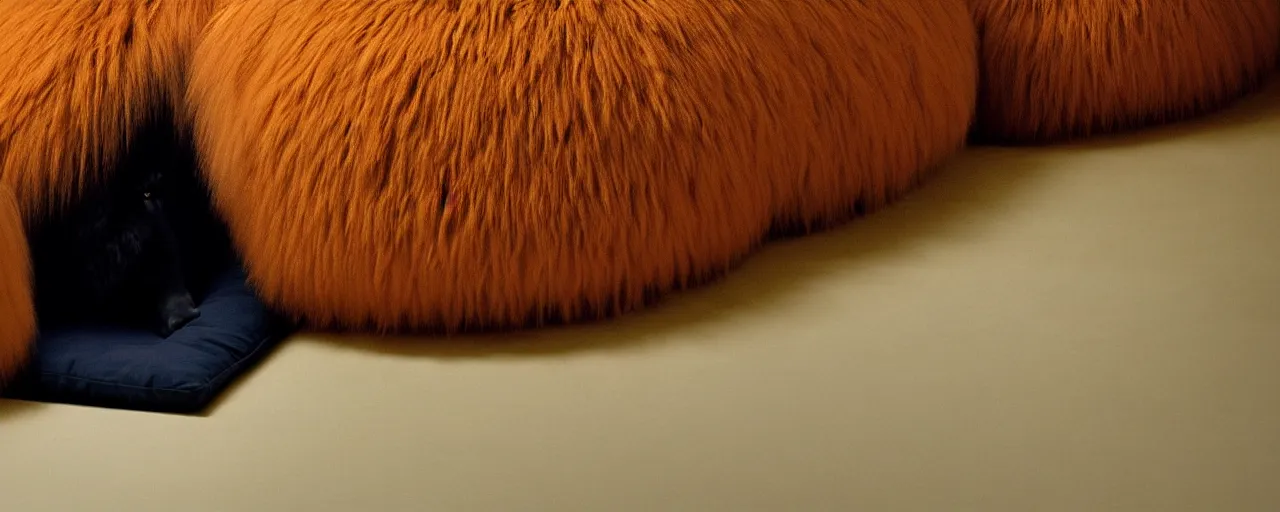 Image similar to a strange huge fluffy furry poufs ottomans sits in the room, film still from the movie directed by denis villeneuve with art direction by zdzisław beksinski, close up, telephoto lens, shallow depth of field