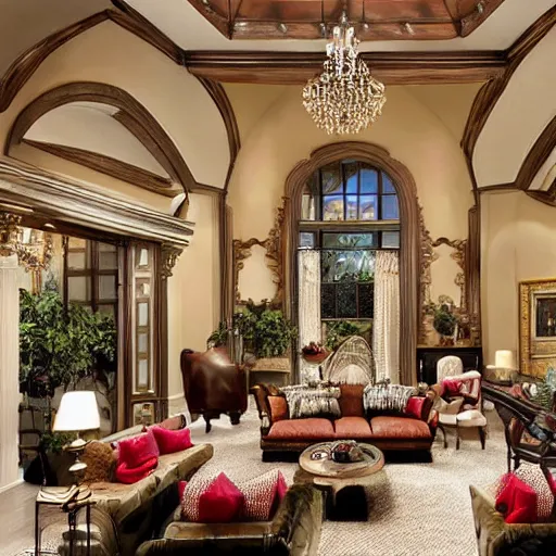 Image similar to photorealistic traditional living room maximalist furnitrue big ceiling