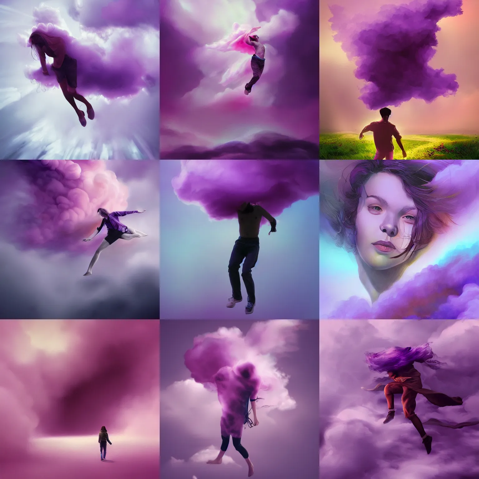 Prompt: person emerging from a purple cloud, inked, colored, digital artwork, dynamic light, by wlop, artgerm