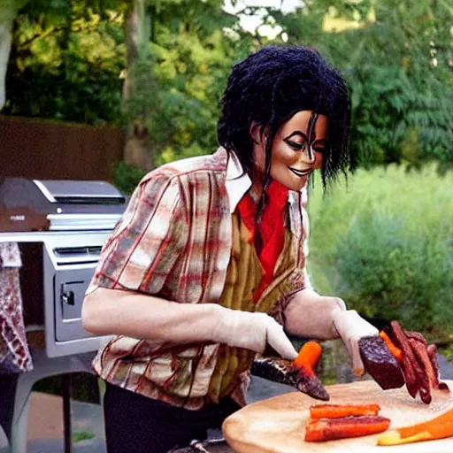 Prompt: a wooden sculpture of michael jackson cooking a bbq
