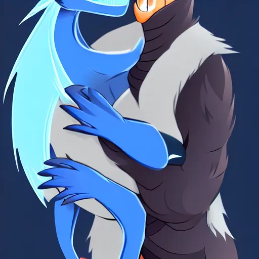 Image similar to an anthropomorphic male blue dragon hugging his anthropomorphic wolf husband, furry, trending on furaffinity, artstation, cute, high quality