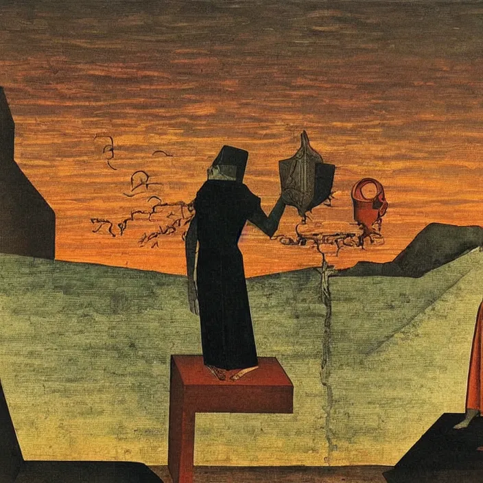 Prompt: obituary for an alchemist at sunset. painting by uccello paolo, max ernst