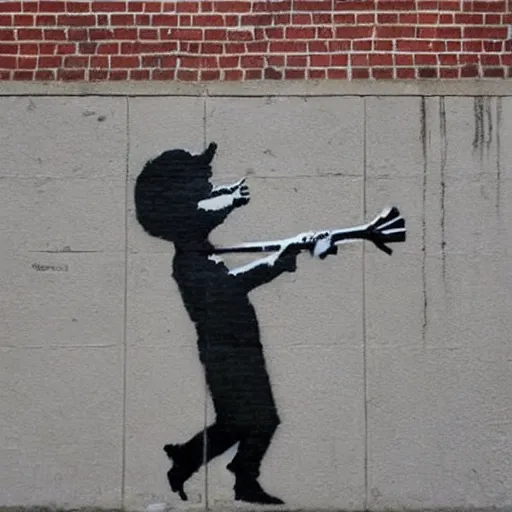 Image similar to Banksy street art showing a rat holding a hammer and sickle. On a brick wall in a big city. Highly detailed. Linden street art. Banksy