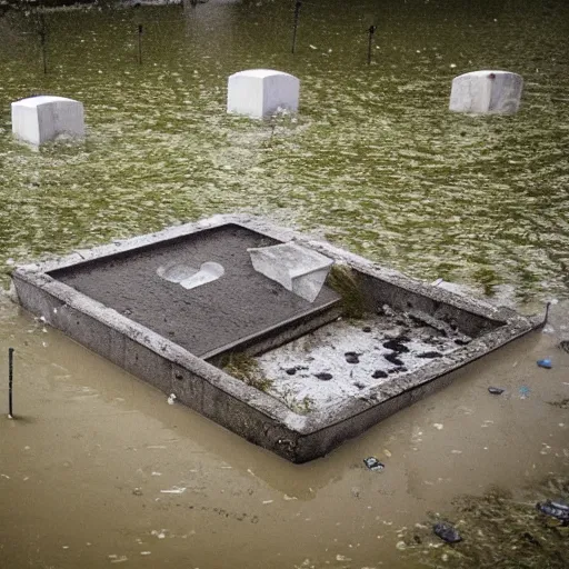 Image similar to The mixed mediart shows a grave that has been flooded with water. The grave is located in a cemetery in Italy. The water in the grave is dirty and there is trash floating in it. The grave is surrounded by a fence. by Henry Moore contest winner