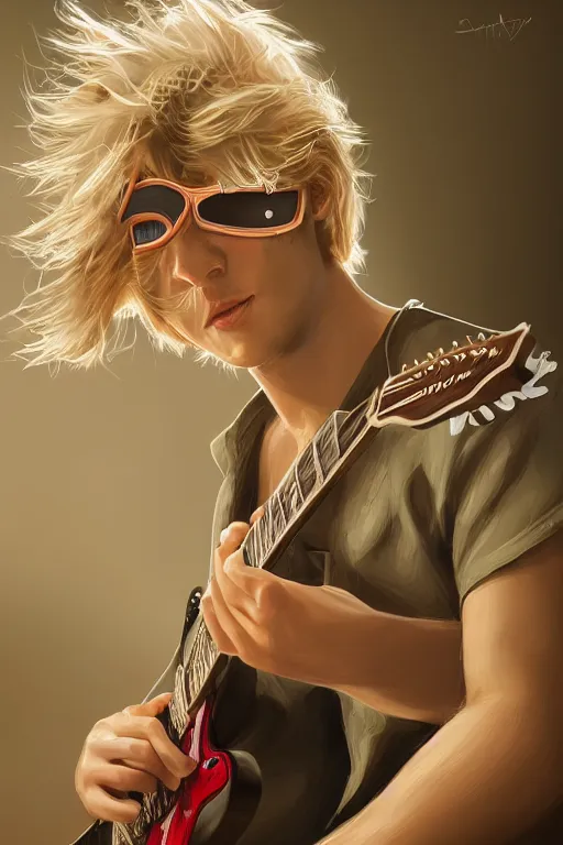 Image similar to blonde wild hair boy playing fender stratocaster, eye - patch, close - up portrait, plain white tshirt, powerfull, intricate, elegant, volumetric lighting, scenery, digital painting, highly detailed, artstation, sharp focus, illustration, concept art, steve mccurry