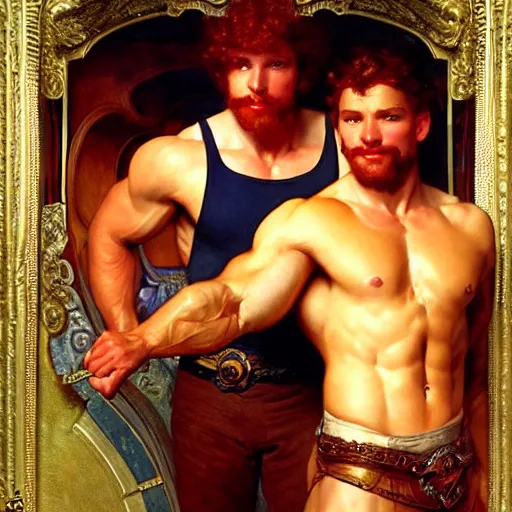 Image similar to attractive muscular mike with ginger hair with muscular attractive tyler with brunet hair, drinking their hearts out, in their noble mansion. highly detailed painting by gaston bussiere, craig mullins, j. c. leyendecker, alphonse mucha 8 k